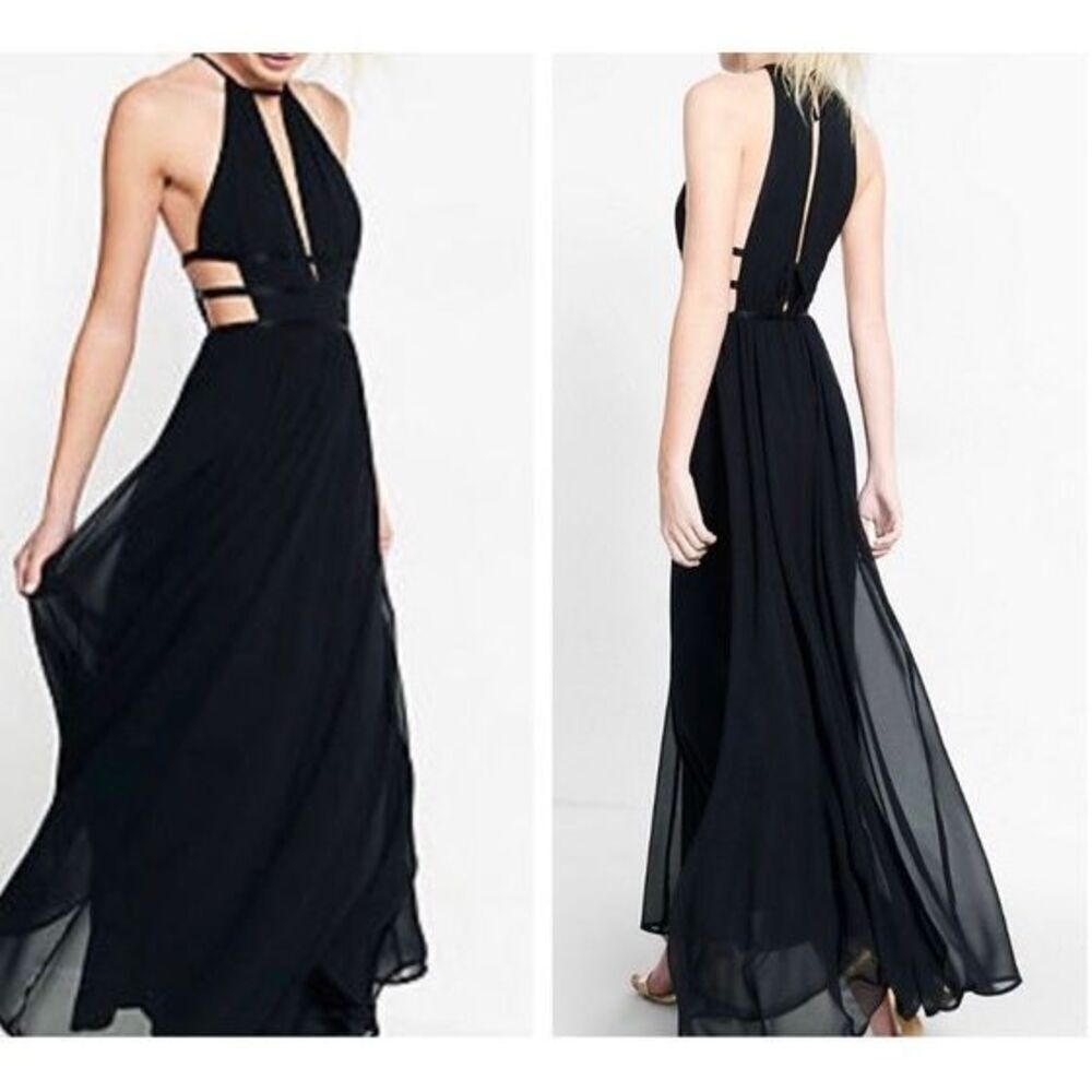 Express Women’s Black Halter Plunge  Side Cutout Maxi Dress Sz Small